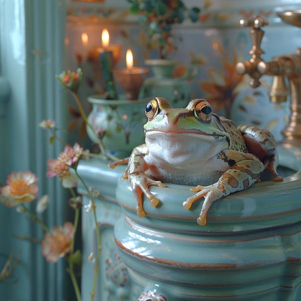Humorvoller Frosch auf einem Toilettendeckel in einem gemütlichen Badezimmerambiente von Poster Art Shop