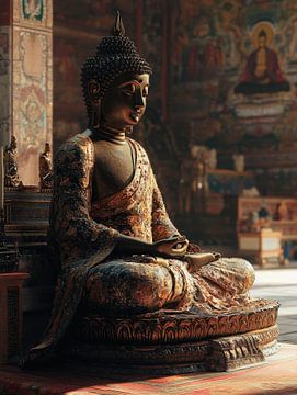 Meditating Buddha in a temple setting by Poster Art Shop