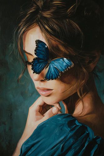 Vrouw met blauwe vlinder | Dromerig portret in blauw en groen