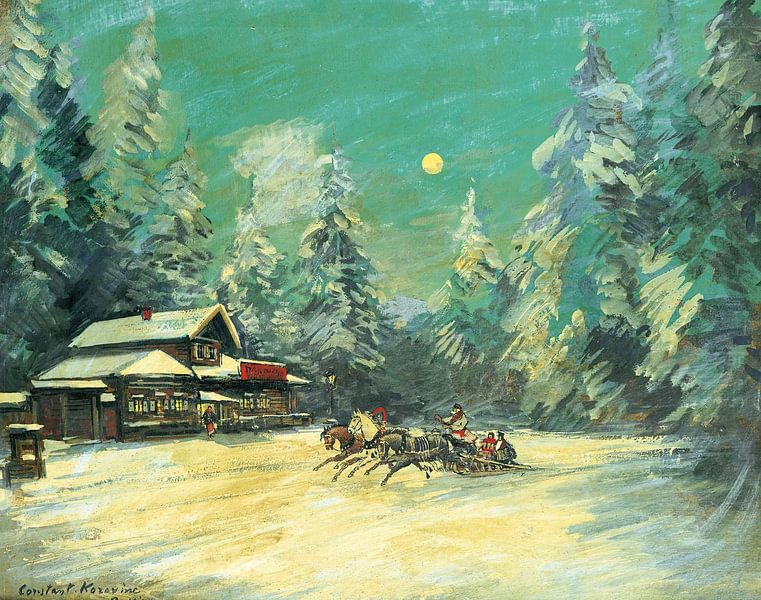 Konstantin Alexeyevich Korovin - Troika passes in front of an inn at night by Peter Balan