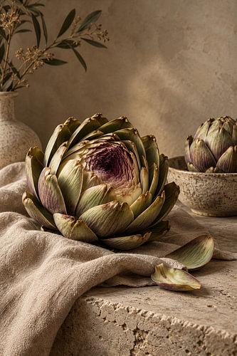 Geöffnete Artischocke mit violettem Kern und sanften Schatten