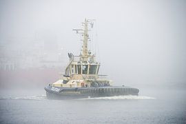 Tug underway through fog in port by scheepskijkerhavenfotografie