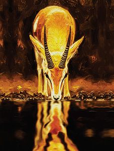 Réflexion d'une gazelle dorée - peinture à l'huile sur la faune et la flore