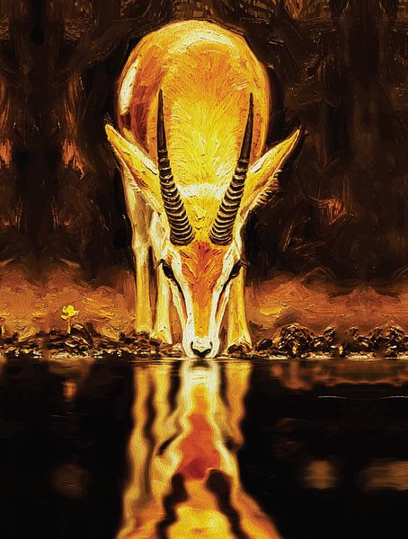 Golden Gazelle Reflection – Wildlife Oil Painting Art by Ramy Salah Hefny