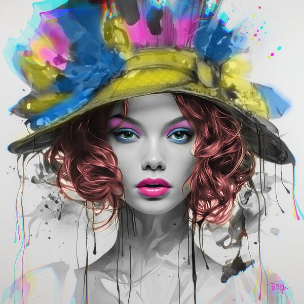 Women's portrait black and white &quot; Poppy &quot; pop of colour with neon accents by René van den Berg