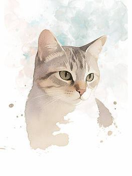 Dromerige tabbykat in zachte aquarel – Moderne minimalistische dierenwanddecoratie