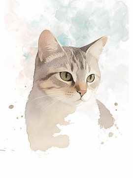 Verträumte Tabbykatze in sanften Aquarellfarben – Moderne, minimalistische Tierwandkunst von Keny Studio
