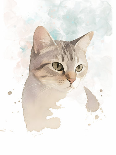 Dromerige tabbykat in zachte aquarel – Moderne minimalistische dierenwanddecoratie