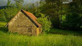 Altes Steinhaus auf einer grünen Wiese im warmen Licht von adventure-photos