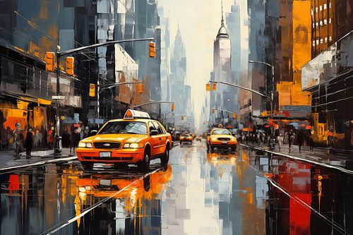 Gebouw in New York City met gele taxi, abstract schilderij