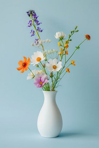 Minimalistische Blumen in weißer Vase in sanften Pastelltönen