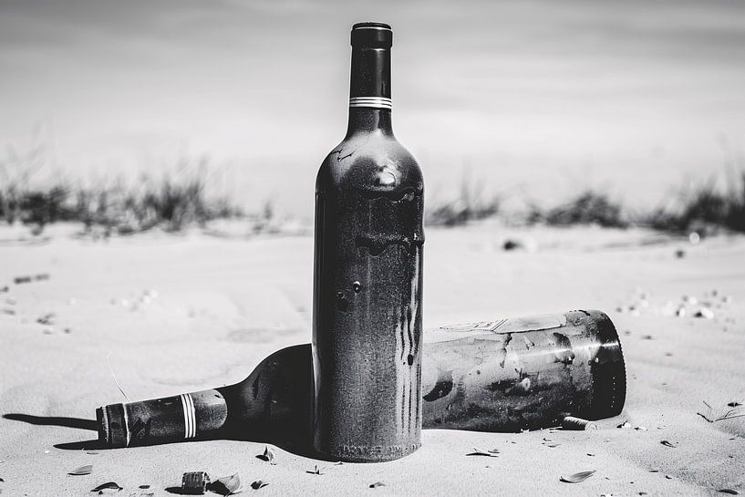 Empty bottles on the beach by Art & Soul Creations