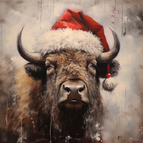 Bison wearing a Santa hat