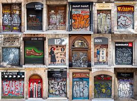 Collage, graffiti op rolluiken in Barcelona