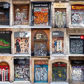Collage, Graffiti auf Fensterläden in Barcelona von Inge van den Brande
