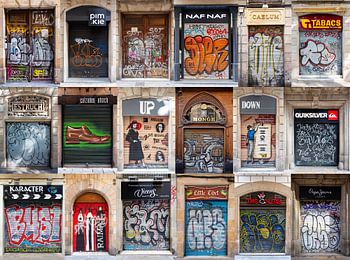 Collage, Graffiti auf Fensterläden in Barcelona