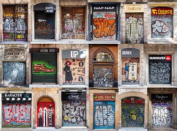 Collage, graffiti op rolluiken in Barcelona van Inge van den Brande
