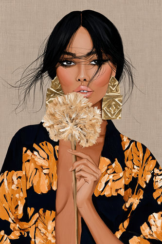 Portrait moderne et minimaliste d'une femme avec une fleur de pissenlit