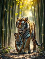 Tiger Mother and Cub in the Bamboo Forest