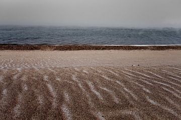 Sombere driekleurige zandige besneeuwde oever van het Baikalmeer van Michael Semenov