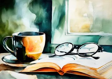 Buch und Kaffee – Aquarell Stillleben von Niklas Maximilian