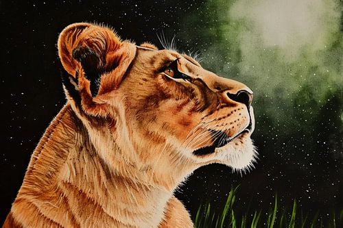 Leeuw in profiel onder sterrenhemel schilderij
