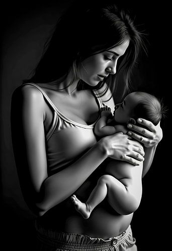 mother with baby black and white