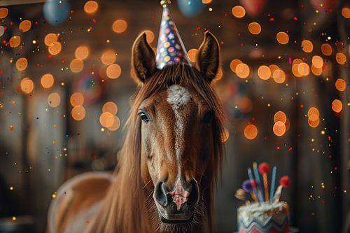 Grappig paard viert verjaardag met feestmuts en taart