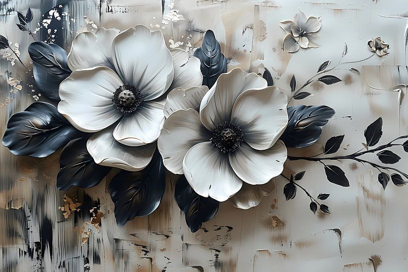 Motif floral minimaliste abstrait en noir et blanc par Art & Soul Creations