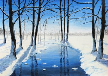 Winterlandschap met bomen en beek (schilderij) van Maarten Pietersma