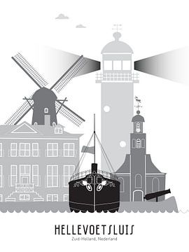 Skyline illustratie stad Hellevoetsluis in zwart-wit-grijs van Mevrouw Emmer