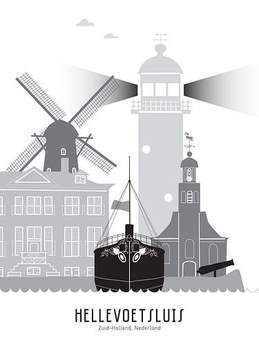 Skyline illustration city of Hellevoetsluis in black-and-white-grey