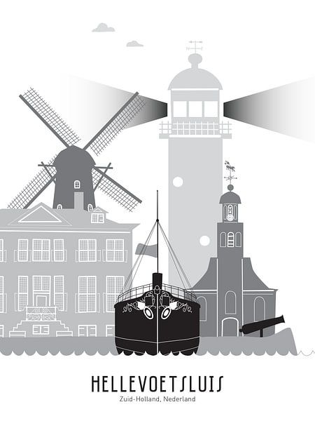 Illustration de la ligne d'horizon de la ville de Hellevoetsluis en noir et blanc-gris par Mevrouw Emmer