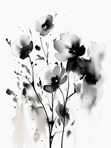 Zwart witte aquarel bloemen