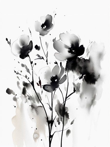 Black white watercolor flowers by haroulita