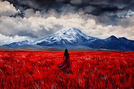 Paysage de prairie rouge avec panorama de montagne sur Poster Art Shop