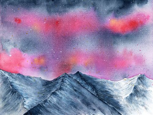 Nordlicht pink über grauen Bergen