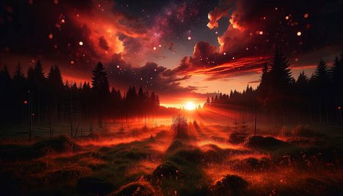 Dramatic sky over glowing red forest scenery