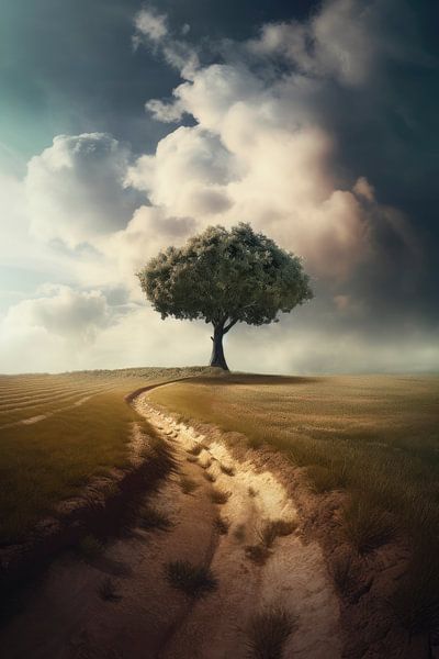 Eenzame boom in een surrealistisch landschap 5 van Digitale Schilderijen