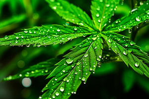 Nahaufnahme eines leuchtenden Cannabisblattes mit Morgentau, beleuchtet durch Sonnenlicht