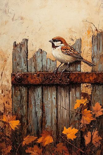 Mus op roestig hek in herfst