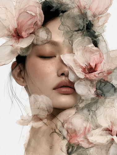 Sereen Aziatisch Portret met Transparante Aquarel Bloemen van Egon Zitter