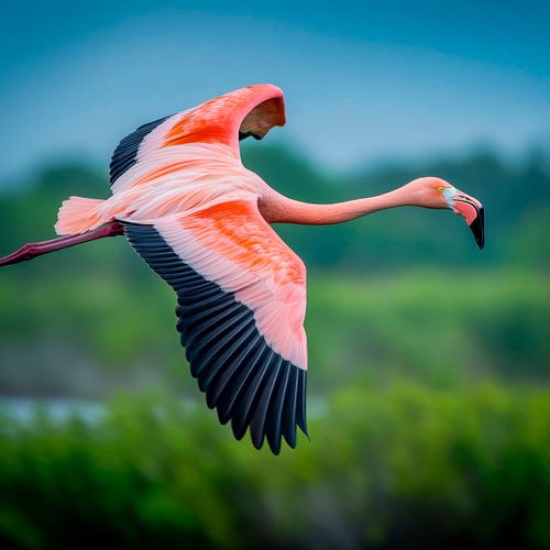Flamingo in vlucht boven water
