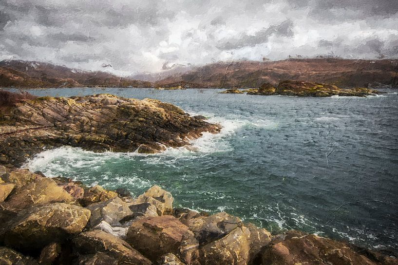 Meerwasser kollidiert mit Felsen in Schottland von Digitale Schilderijen