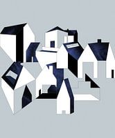 Minimalistisches, abstraktes Dorf mit blauem Samt und weißen Häusern.