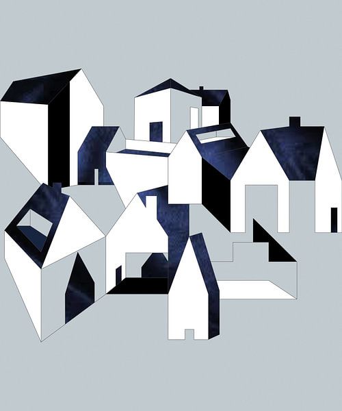 Village minimaliste et abstrait avec du velours bleu et des maisons blanches. par Charlotte Hortensius