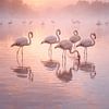 Des flamants roses dans la brume matinale au lever du soleil – une scène naturelle onirique avec des couleurs pastel douces et l'eau miroitante d'un lac paisible. sur Design Wall Arts