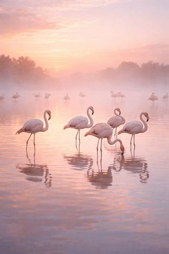 Flamingos in the morning mist at sunrise – a dreamy natural scene with soft pastel colours and mirror-like water in a tranquil lake