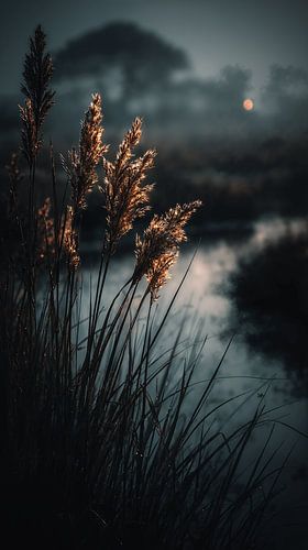 Vlammend riet in de ochtendnevel