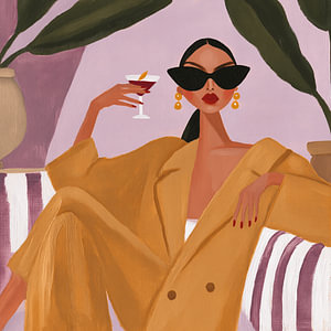 Frau mit Cocktail und Sonnenbrille, moderne Illustration für eine farbenfrohe Inneneinrichtung